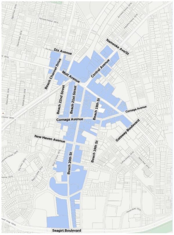 Map of the proposed Far Rock Village BID in Downtown Far Rockaway: the district, shaded blue, runs from Dix Avenue and Nameoke Street south along Beach 20th and Beach 21st Streets to Seagirt Boulevard