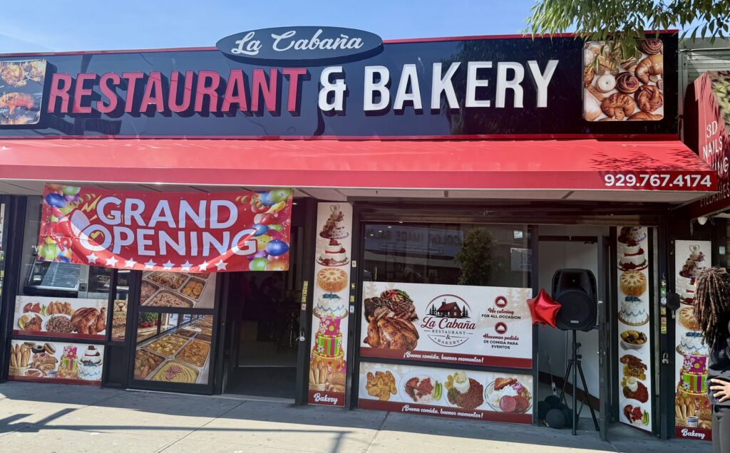 La Cabaña Restaurant & Bakery storefront on Mott Avenue with its Grand Opening banner